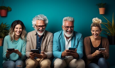 Happy seniors having fun watching funny video on smartphone against blue wall
