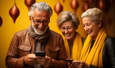 Happy seniors having fun watching interesting video on smartphone against yellow wall