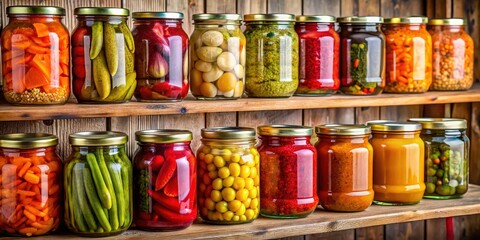 Jars of homemade canned vegetables stored in a pantry for winter conservation, canned, vegetables, jars, home