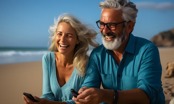 Happy seniors having fun watching funny videos on smartphone at the beach