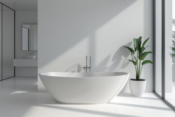 Interior of modern bathroom with white walls, concrete floor, comfortable white bathtub standing near window and plant.