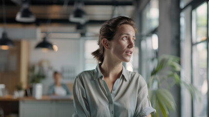 Fototapeta premium In an open, modern office space illuminated by natural light, a woman gazes thoughtfully out a window, seemingly lost in contemplation amidst the workday bustle.