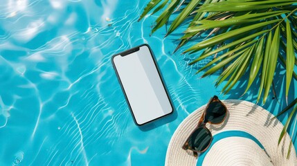 Mobile phone mockup with blank screen laying on the blue water of the sea or pool with palm tree, sunglasses and hat. Generative AI
