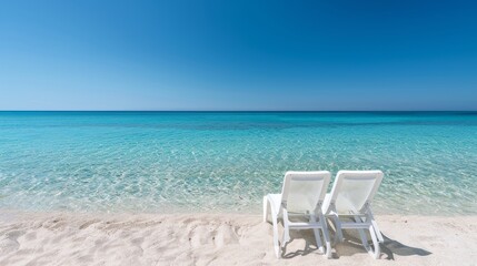 Sandy shore with chairs facing the sea, untouched beach paradise, clear blue waters, tranquil and serene atmosphere, perfect for relaxation