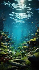 a coral reef with a school of fish swimming in it.