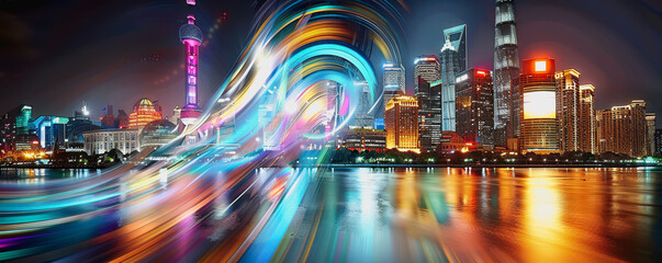 High-tech urban skyline at night with neon lights and digital wave