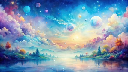 Naklejka premium Abstract watercolor background with surreal elements depicting a dreamy world, watercolor, abstract, background, surreal