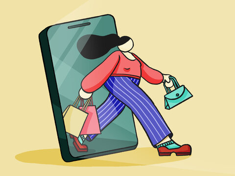 Cartoon woman shopping online on smartphone app