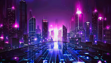 Fototapeta premium Futuristic cityscape with neon skyscrapers and a digital data wave