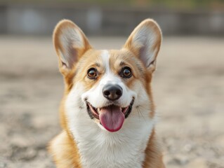 Obraz premium A happy corgi with a big smile and tongue out, looking directly at the camera.