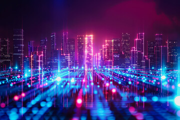 Fototapeta premium Futuristic cityscape with neon skyscrapers and a digital data wave