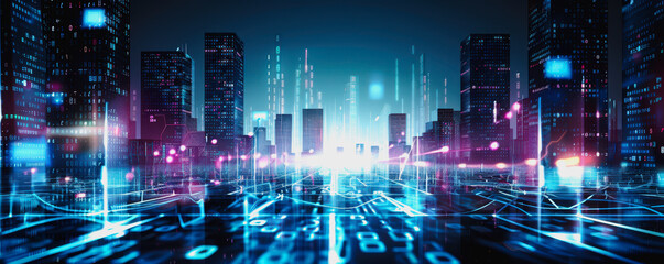 Obraz premium Futuristic cityscape with neon skyscrapers and a digital data wave