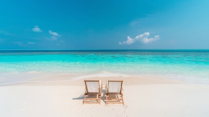 Untouched beach paradise with sandy shore, two chairs facing the serene sea, clear blue waters, pristine and tranquil atmosphere, perfect for relaxation