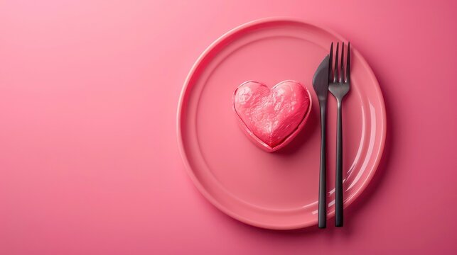 Pink heart shaped plate and fork on it on isolated pink background with space for copy, poster for love romantic concepts and valentine's day, top view angle