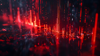 Abstract downward red forex candlestick hologram on dark background. Financial crisis, stock and recession concept. 3D Rendering.