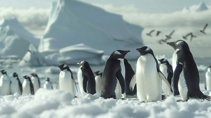 Obraz premium A group of penguins huddles closely together on a snowy beach, their blackand white feathers contrasting sharply with the icy landscape. In the background, massive icebergs float serenely in the sea.
