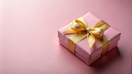 Fototapeta premium Pink gift box with a gold ribbon on a skin color background , luxury, holiday, gift packaging, present, elegant, shiny