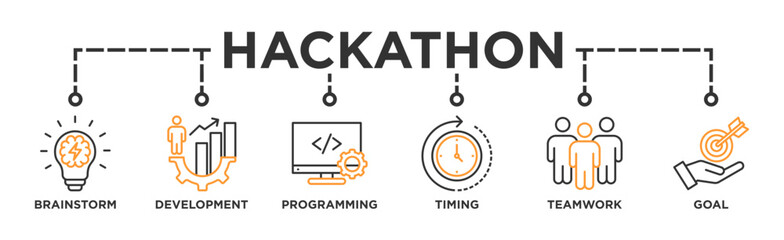 Hackathon banner web icon vector illustration concept for design sprint-like social coding event with icon of brainstorm, development, programming, timing, speed, teamwork, and goal