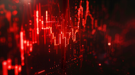 Abstract downward red forex candlestick hologram on dark background. Financial crisis, stock and recession concept. 3D Rendering.