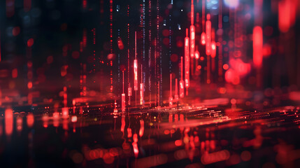 Fototapeta premium Abstract downward red forex candlestick hologram on dark background. Financial crisis, stock and recession concept. 3D Rendering.