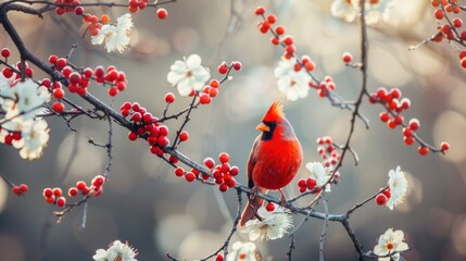 Fototapeta premium a red bird sitting on a branch of a tree with white flowers and red berries on it's branches