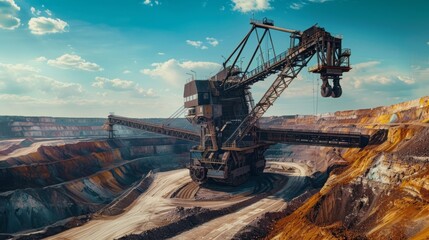 Walking excavator operates at night near piles row in mining pit