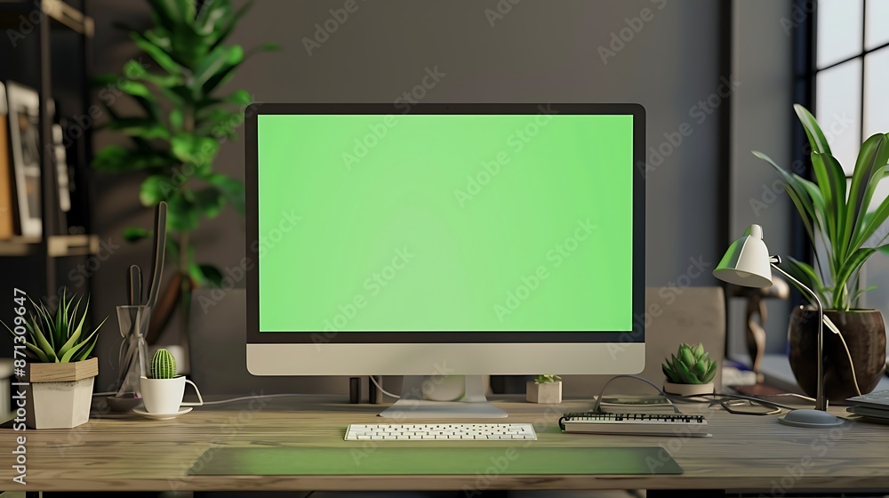 Poster modern desk setup with green screen computer