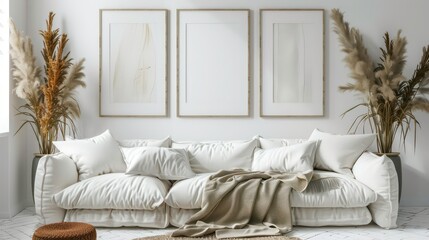 Three poster or photography frame mockup on the white wall in a Boho style interior with sofa and other furniture decor. Generative AI