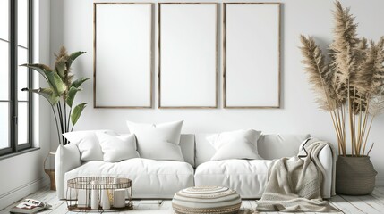 Three poster or photography frame mockup on the white wall in a Boho style interior with sofa and other furniture decor. Generative AI