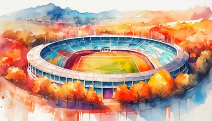 watercolor sports stadium with heatmapping during the summer olympic games. Watercolor illustration