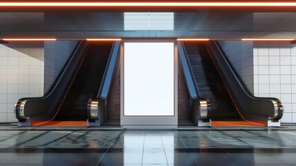 Fototapeta premium White blanket billboard mockup in a subway station with escalator. Generative AI