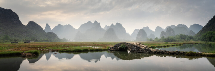 Zhuangyuan bridge Guilin mountains China sunrise