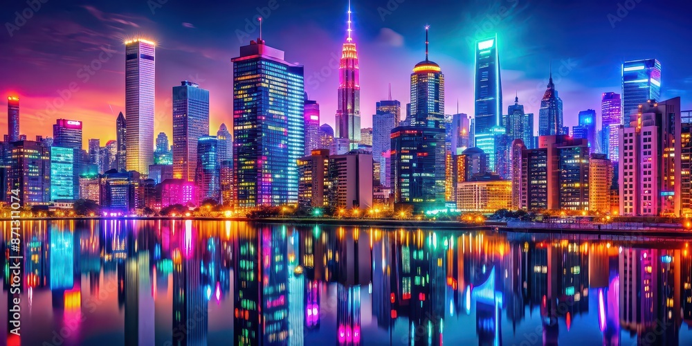 Sticker Vibrant cityscape with colorful buildings and neon lights, city, urban, nightlife, architecture, lights, modern, vibrant