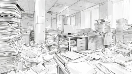 Piles of paper waste in an office, forgotten reports and documents, cluttered and chaotic, sketch style