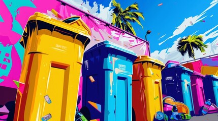 Overflowing waste bins at a music festival, festive yet messy, vibrant and chaotic, pop art style
