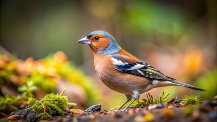 Fototapeta premium Chaffinch bird foraging on the forest floor , Chaffinch, fringilla coelebs, bird, wildlife, nature, ground, foraging