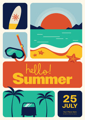 Summer travel concept poster design template with sea landscape, grid layout flat design style