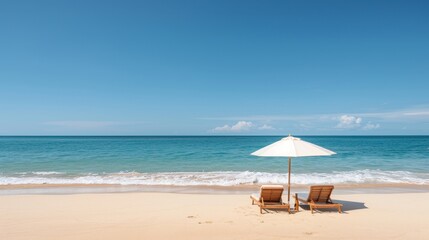 Fototapeta premium Beach scene with sun loungers, umbrella, and ocean waves, pristine paradise beach, clear skies, serene and picturesque