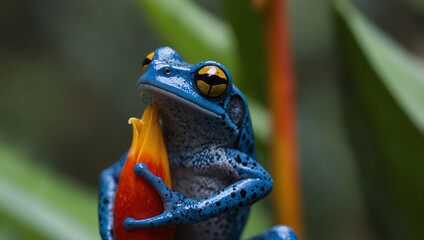blue frog on foliage forest background