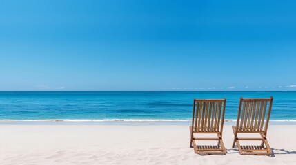 Obraz premium Chairs on a pristine sandy beach, untouched sea view, tranquil and serene, clear blue waters, paradise setting, perfect for relaxation
