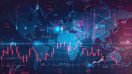 Forex trading platform with world map and currencies, dynamic and informative, digital graphic