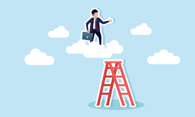 Career development involves achieving, showcasing leadership vision, and implementing successful business strategies, concept of A confident businessman leader climbs stairs toward lofty clouds