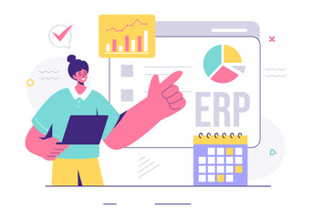 ERP Enterprise Resource Planning System Vector Illustration with Business Integration, Productivity, and Company Enhancement on a Flat Background