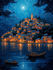 Obraz premium A small fishing boat is moored on the water, and in front of it lies an ancient European town with glowing lights shining from its buildings