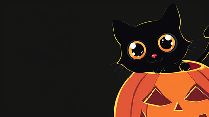  Illustrated Halloween cat in a  Jack-o-lantern pumpkin on black. Area for text on left for a Happy Halloween Card 