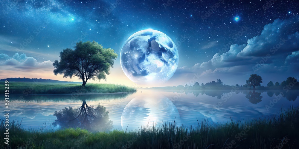 Wall mural Landscape featuring a tranquil moon shining in the night sky, moon, landscape, night, stars, peaceful, serene, beauty, nature, dusk