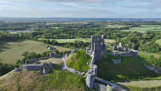 Ruins of Corfe Castle from a drone, Corfe Village, Purbeck Hills, Dorset, England, Europe