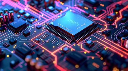 Close-Up of Advanced Microchip on Vibrant Electronic Circuit Board with Neon Lighting
