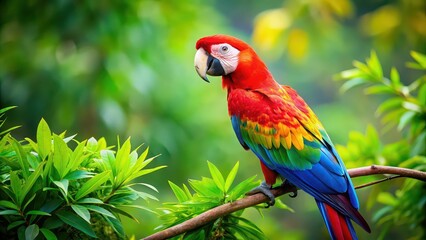 Obraz premium Vibrantly colored parrot sitting on a lush green branch , tropical, bird, wildlife, feathers, nature, colorful, exotic, vibrant