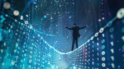 Digital Dexterity: Business Person Balancing on Binary Code Tightrope Overcoming Digital Obstacles